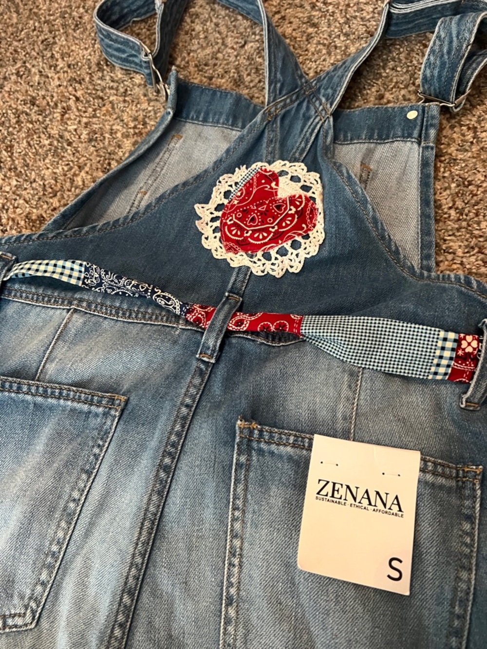 Zenana Outfitters Light Blue Denim Short Overalls with Patchwork Bandana Belt - Picture 3 of 3
